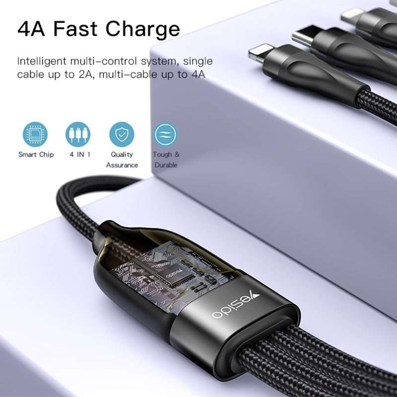 YESIDO CA111 1.2m 4A USB to Dual Type-C + Dual 8 Pin Charging Cable(Black)