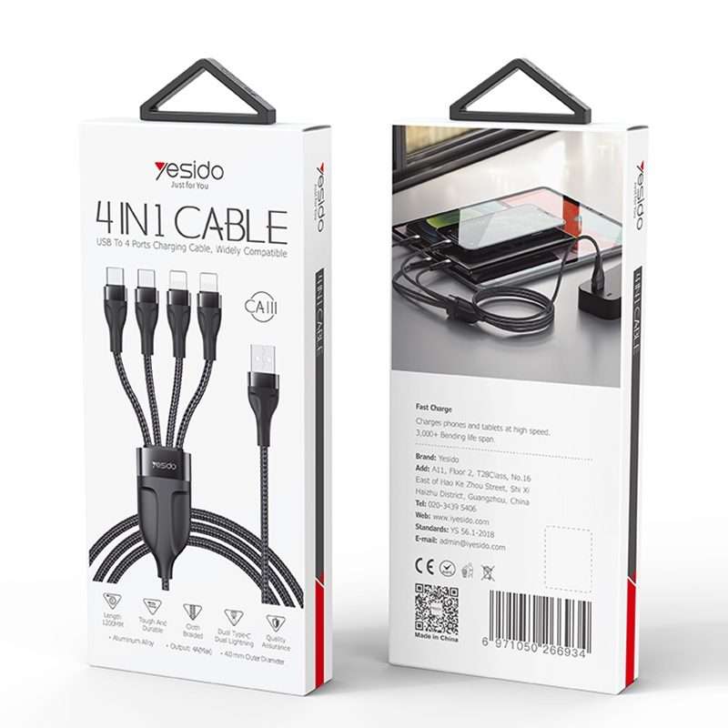 YESIDO CA111 1.2m 4A USB to Dual Type-C + Dual 8 Pin Charging Cable(Black)