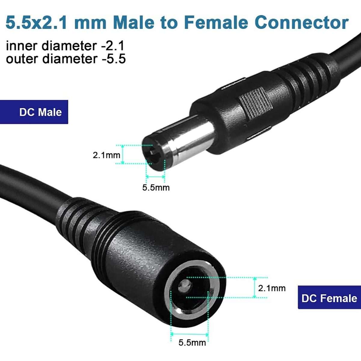 8A 5.5 x 2.1mm Female to Male DC Power Extension Cable(Black)