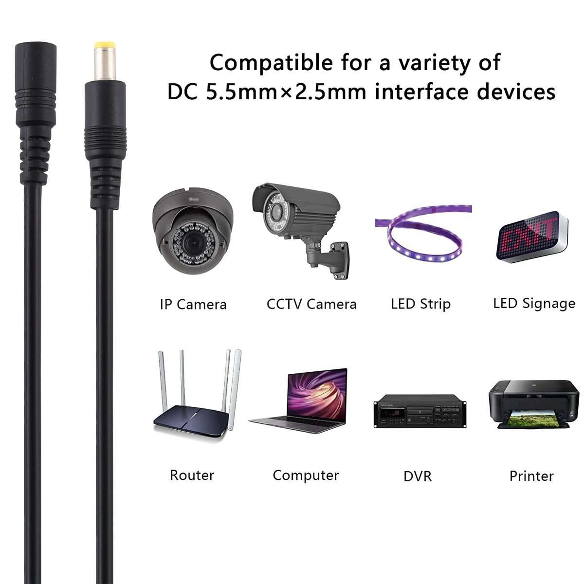 8A 5.5 x 2.5mm Female to Male DC Power Extension Cable, Cable Length:1m(Black)