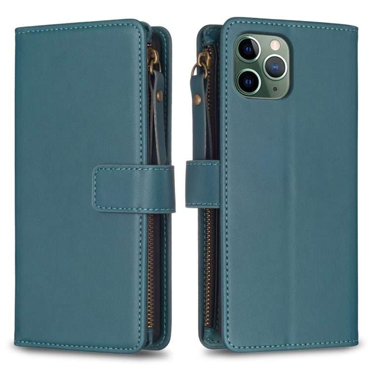 For iPhone 11 Pro 9 Card Slots Zipper Wallet Leather Flip Phone Case(Green)