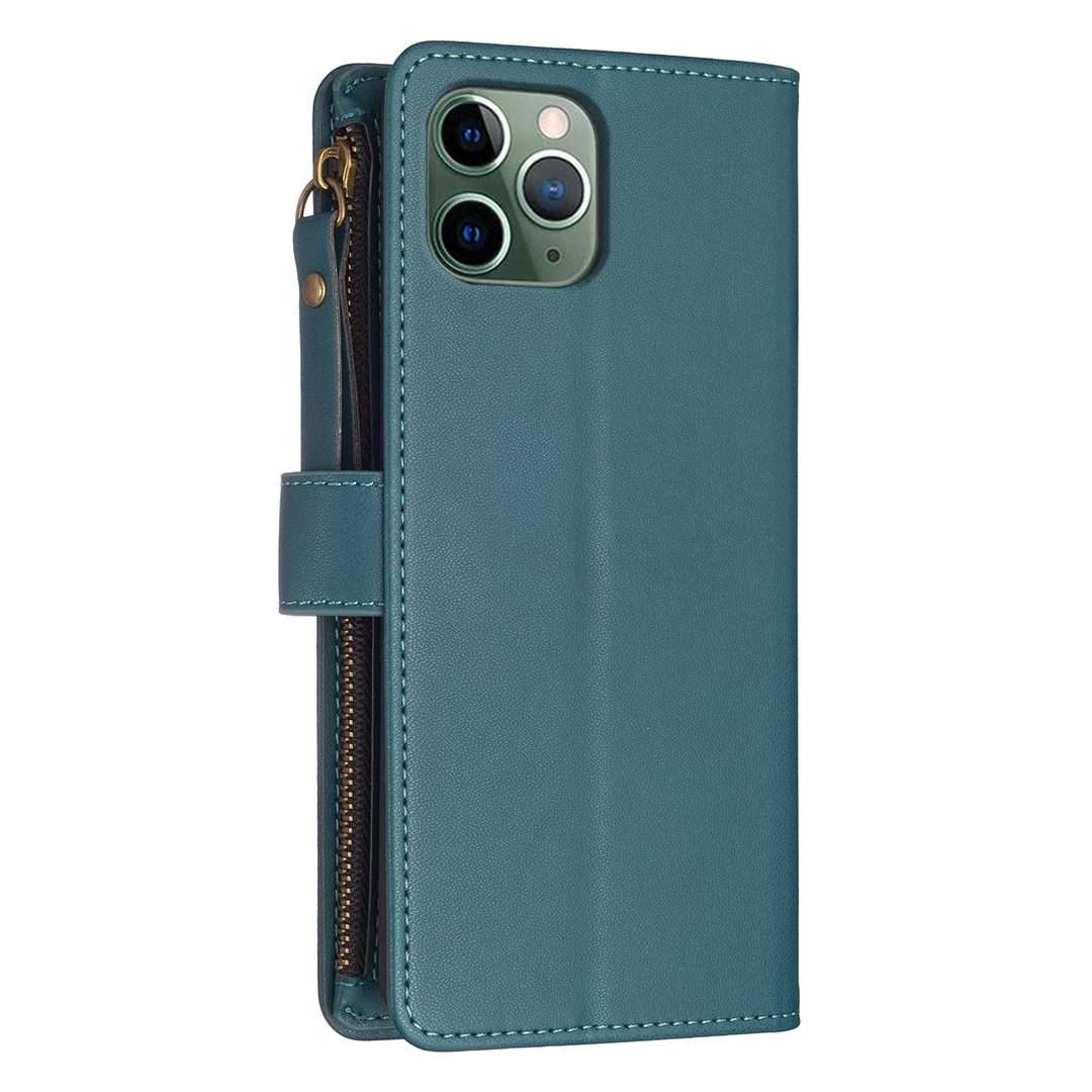 For iPhone 11 Pro 9 Card Slots Zipper Wallet Leather Flip Phone Case(Green)