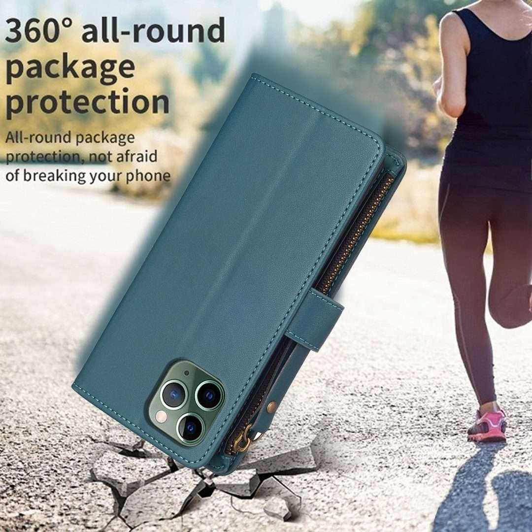 For iPhone 11 Pro 9 Card Slots Zipper Wallet Leather Flip Phone Case(Green)