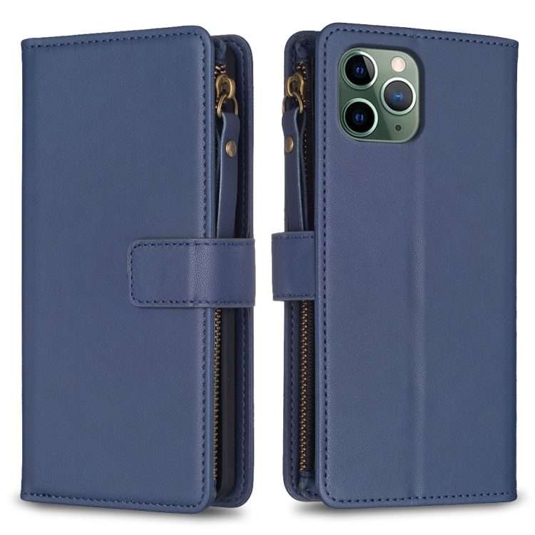 For iPhone 11 Pro 9 Card Slots Zipper Wallet Leather Flip Phone Case(Blue)