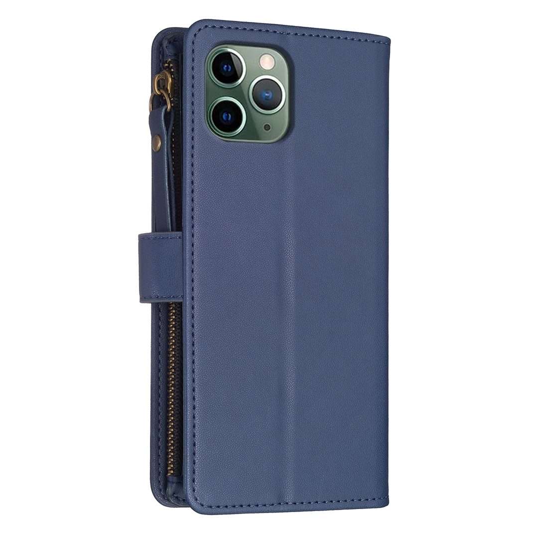 For iPhone 11 Pro 9 Card Slots Zipper Wallet Leather Flip Phone Case(Blue)