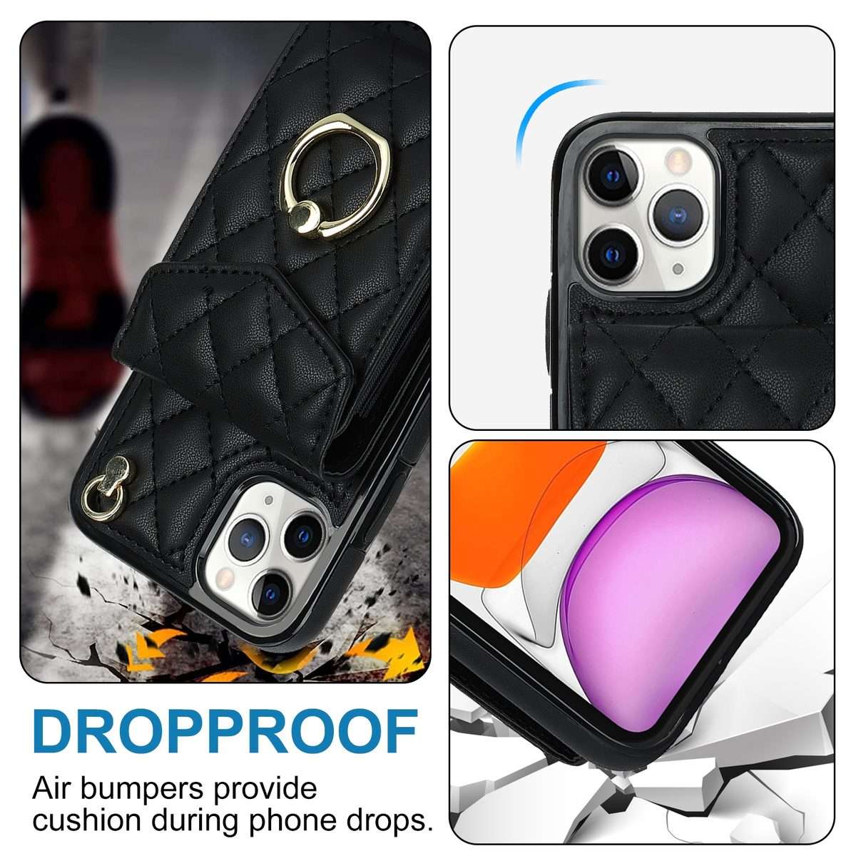 For iPhone 11 Pro Rhombic Texture Card Bag Phone Case with Long Lanyard(Black)