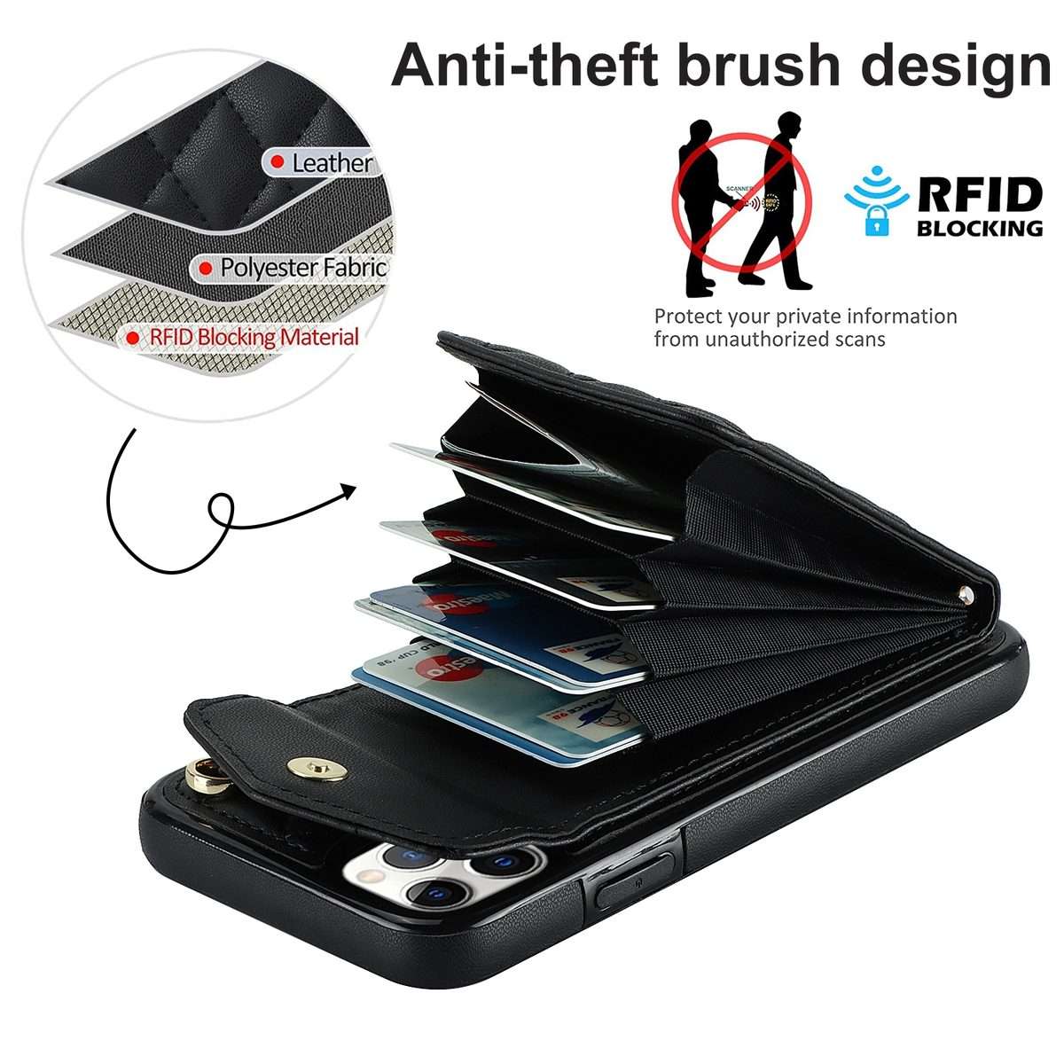 For iPhone 11 Pro Rhombic Texture Card Bag Phone Case with Long Lanyard(Black)