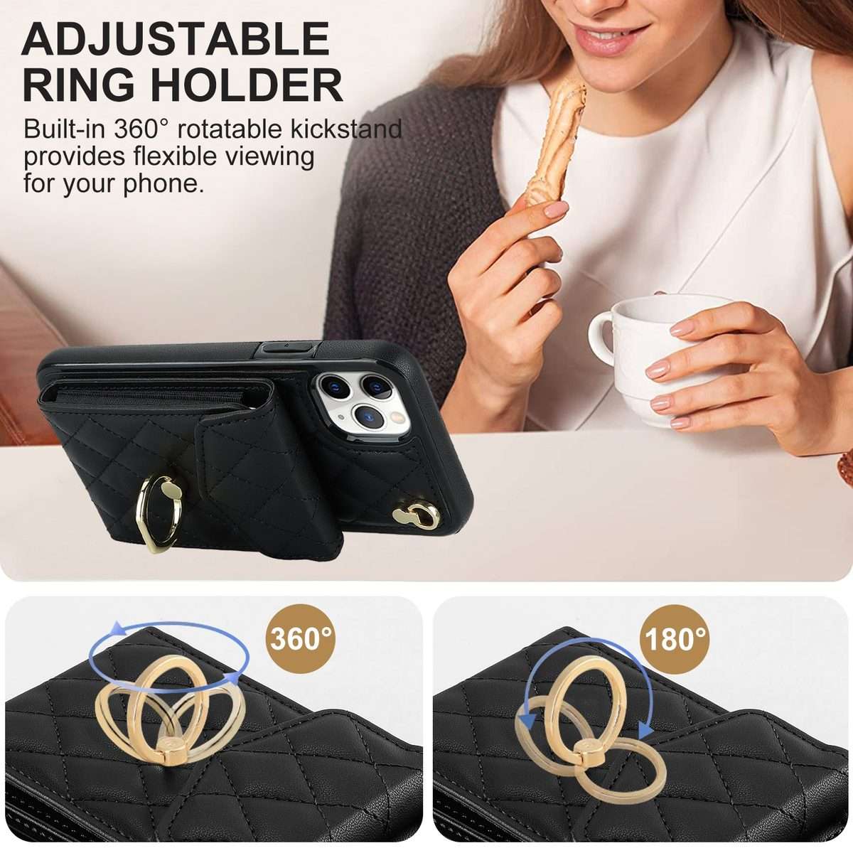 For iPhone 11 Pro Rhombic Texture Card Bag Phone Case with Long Lanyard(Black)