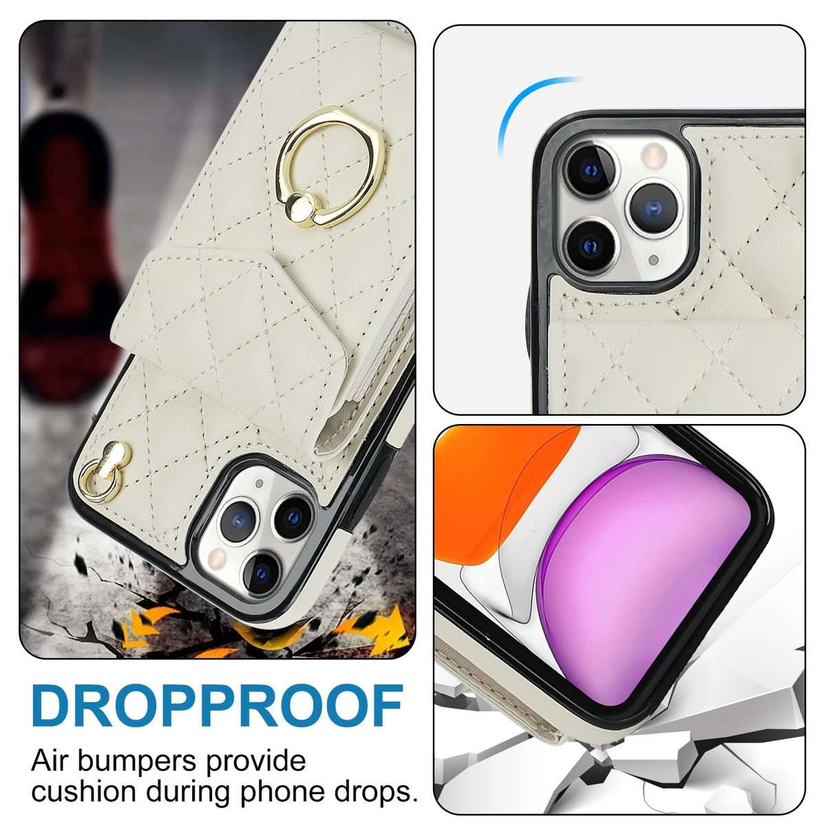For iPhone 11 Pro Rhombic Texture Card Bag Phone Case with Long Lanyard(White)