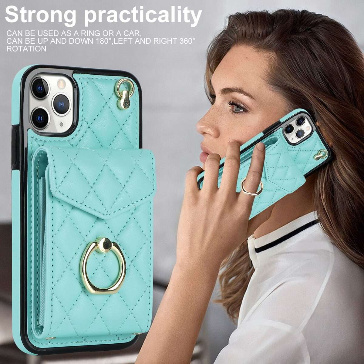 For iPhone 11 Pro Rhombic Texture Card Bag Phone Case with Long Lanyard(Mint Green)