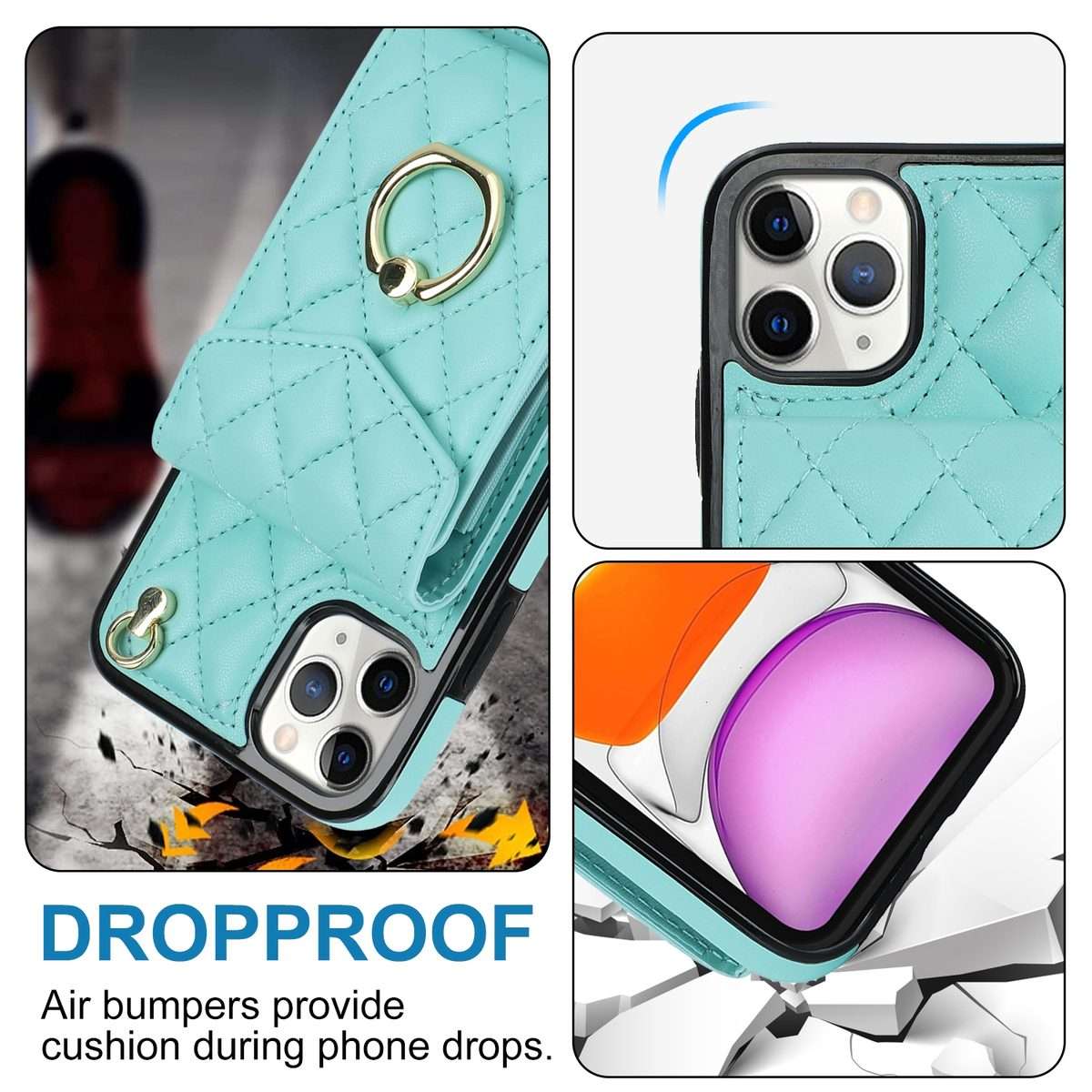 For iPhone 11 Pro Rhombic Texture Card Bag Phone Case with Long Lanyard(Mint Green)