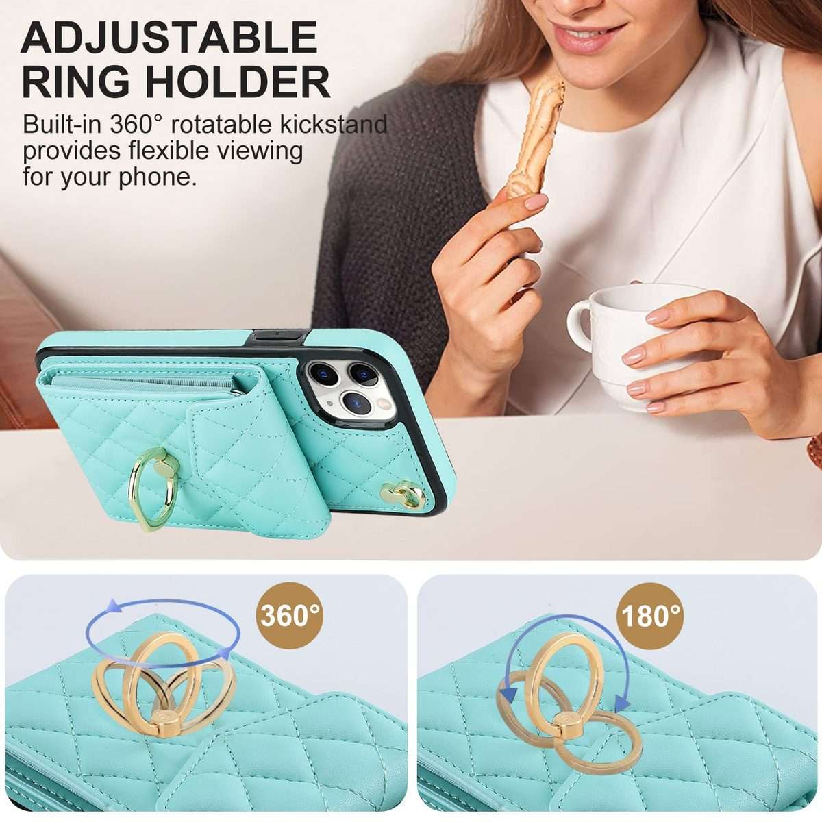 For iPhone 11 Pro Rhombic Texture Card Bag Phone Case with Long Lanyard(Mint Green)