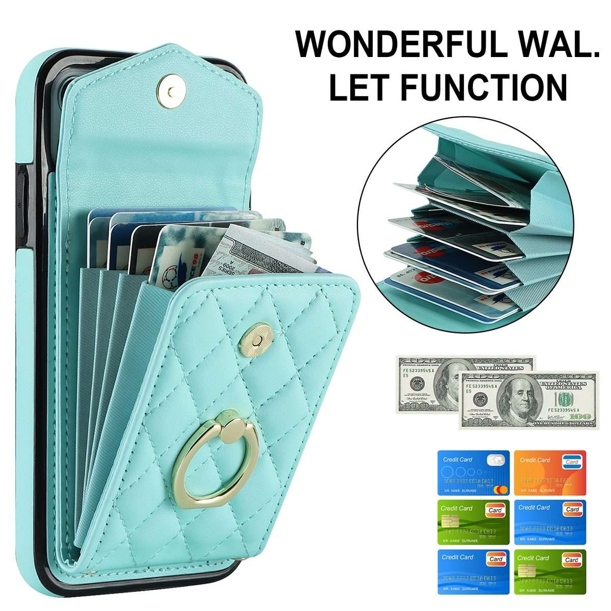 For iPhone 11 Pro Rhombic Texture Card Bag Phone Case with Long Lanyard(Mint Green)