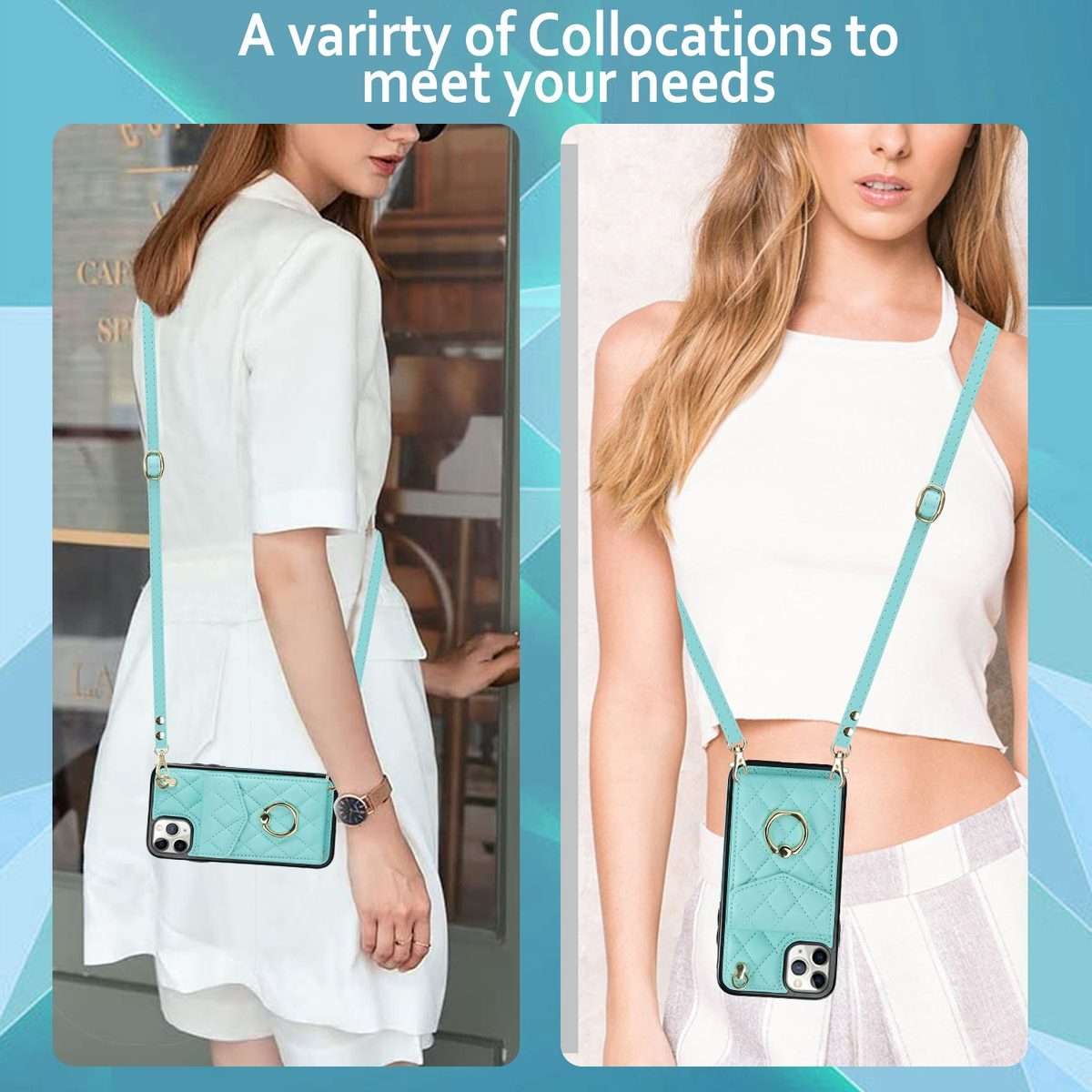 For iPhone 11 Pro Rhombic Texture Card Bag Phone Case with Long Lanyard(Mint Green)