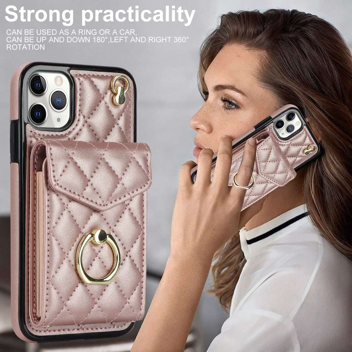 For iPhone 11 Pro Rhombic Texture Card Bag Phone Case with Long Lanyard(Rose Gold)