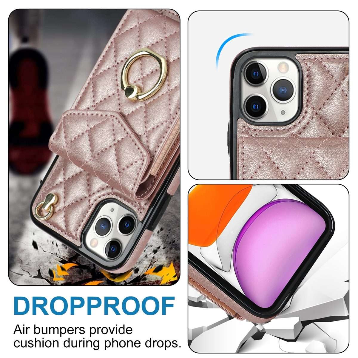 For iPhone 11 Pro Rhombic Texture Card Bag Phone Case with Long Lanyard(Rose Gold)