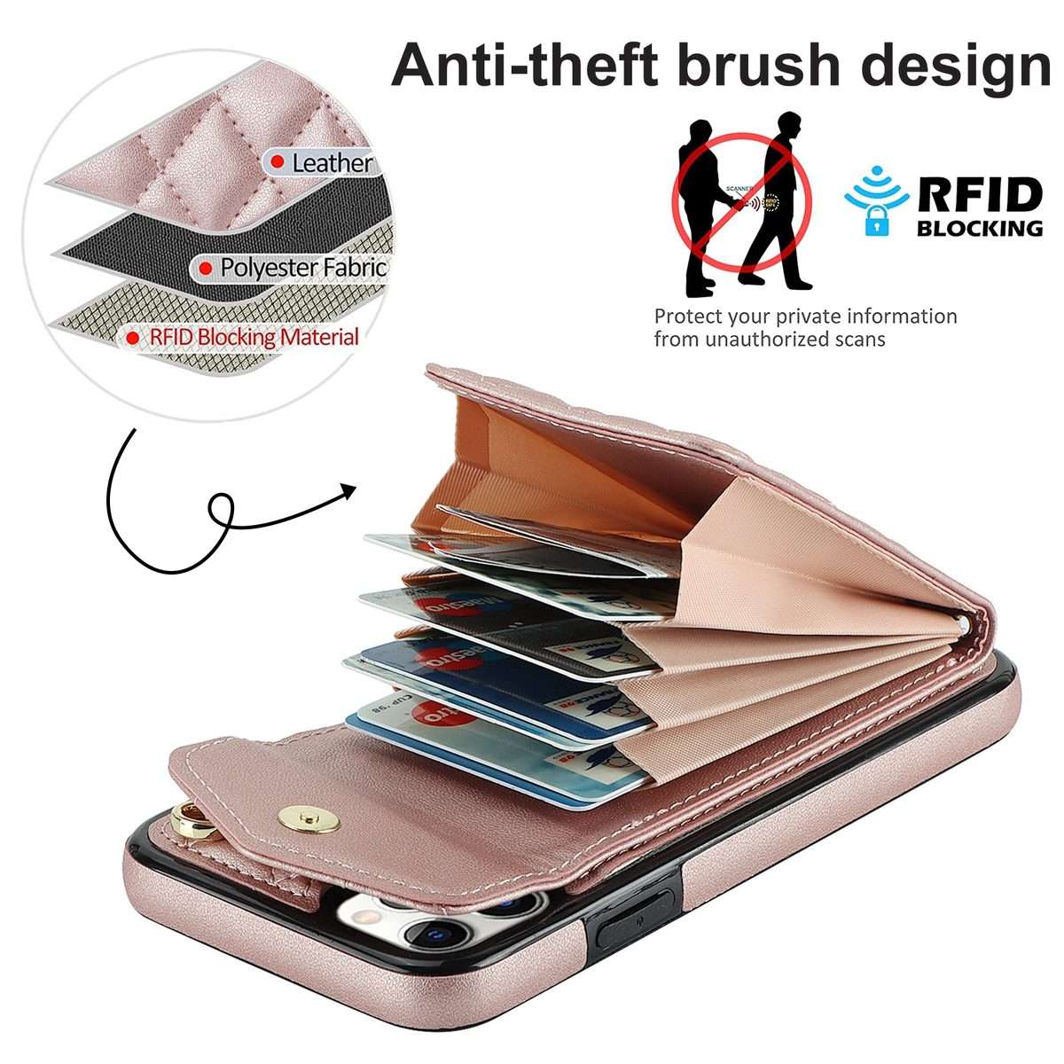 For iPhone 11 Pro Rhombic Texture Card Bag Phone Case with Long Lanyard(Rose Gold)