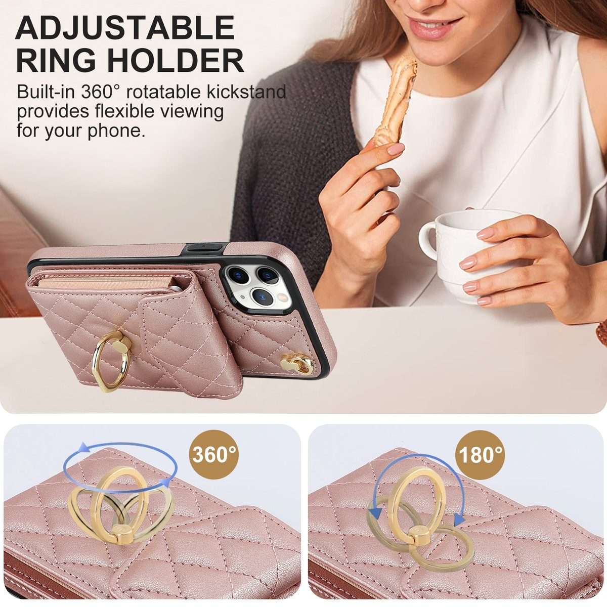 For iPhone 11 Pro Rhombic Texture Card Bag Phone Case with Long Lanyard(Rose Gold)