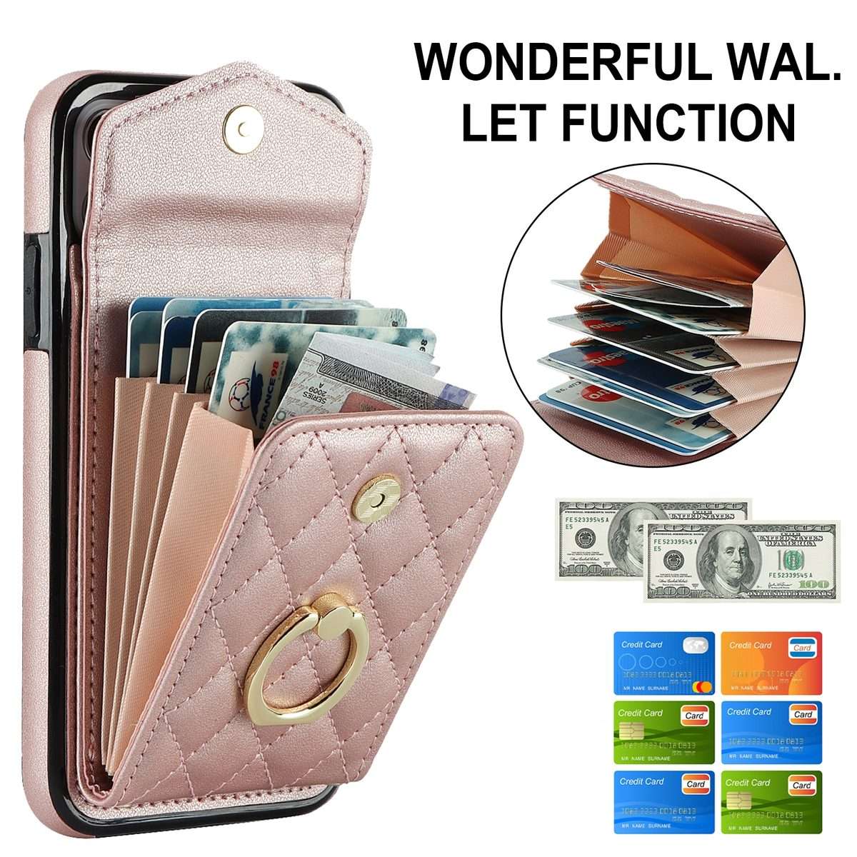 For iPhone 11 Pro Rhombic Texture Card Bag Phone Case with Long Lanyard(Rose Gold)