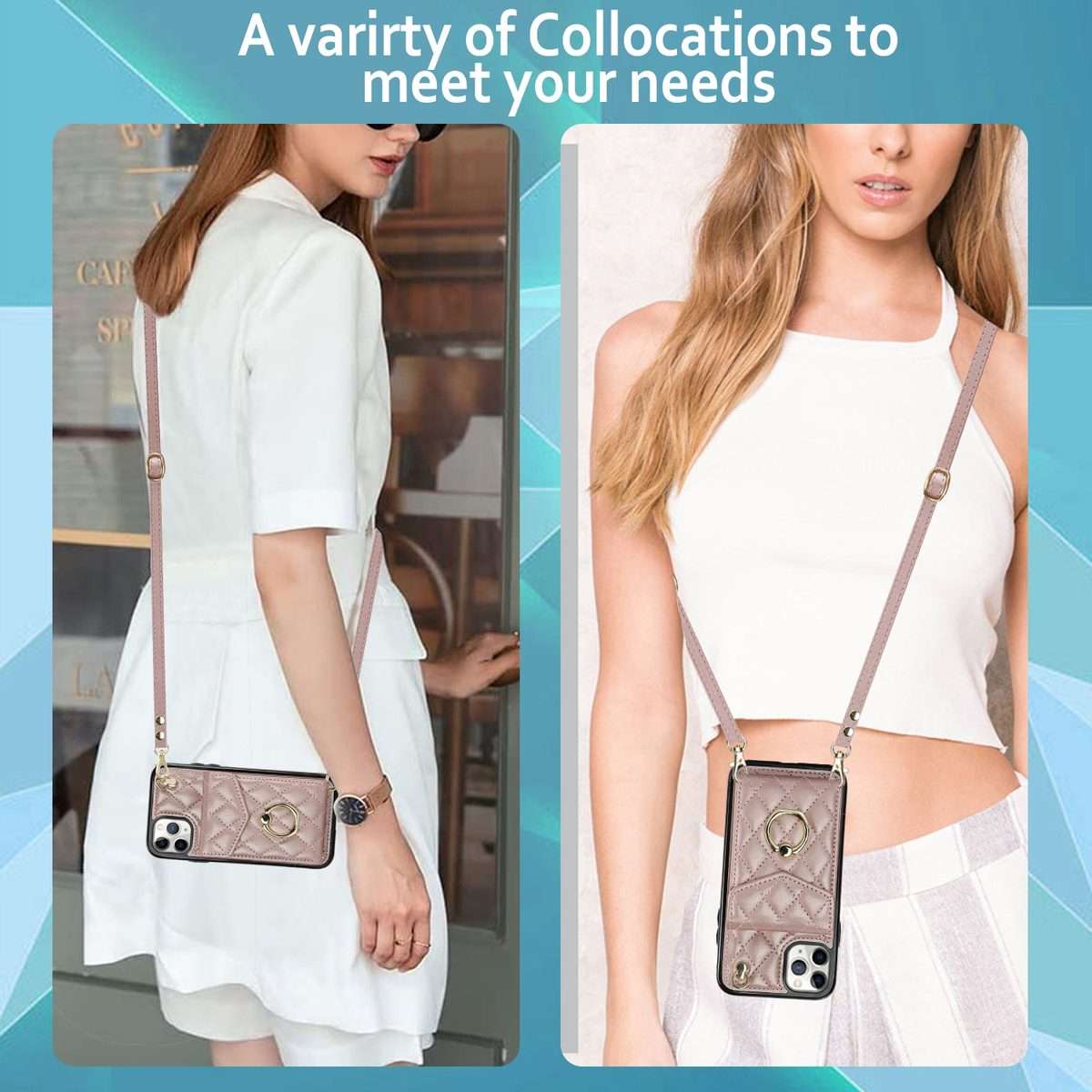 For iPhone 11 Pro Rhombic Texture Card Bag Phone Case with Long Lanyard(Rose Gold)