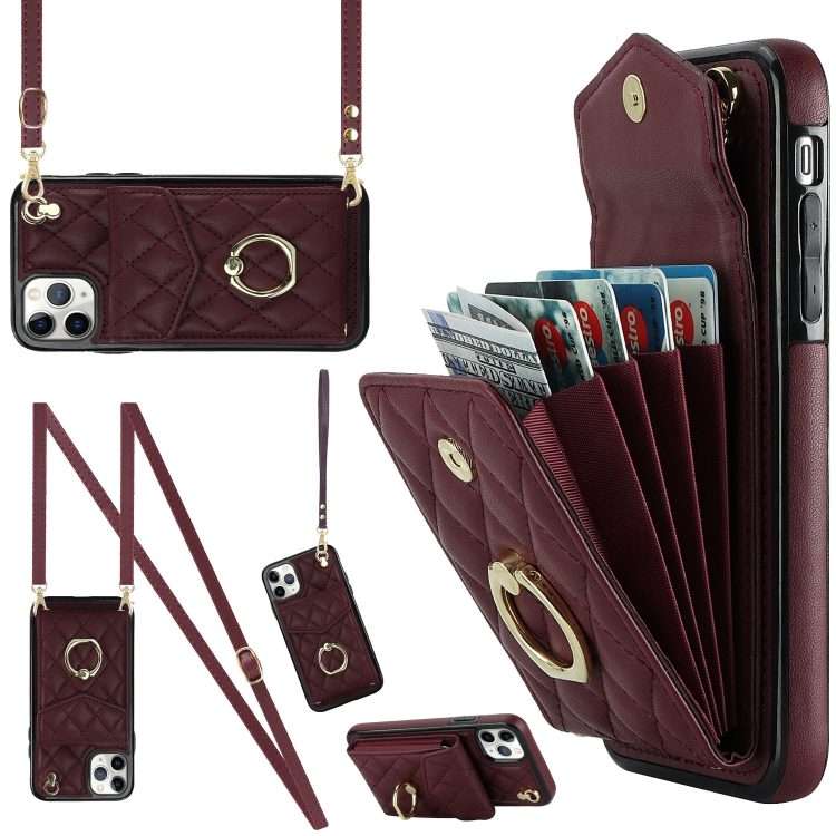 For iPhone 11 Pro Rhombic Texture Card Bag Phone Case with Long Lanyard(Wine Red)