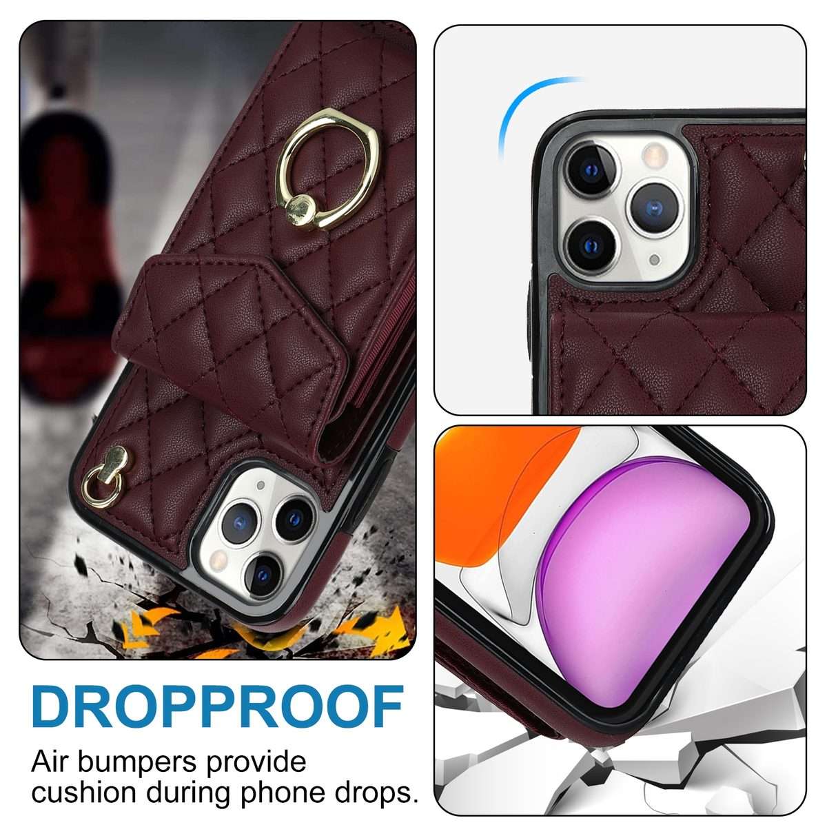 For iPhone 11 Pro Rhombic Texture Card Bag Phone Case with Long Lanyard(Wine Red)