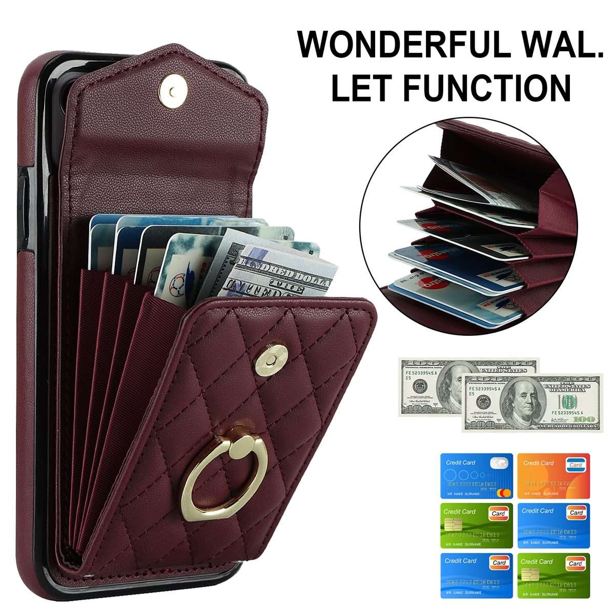 For iPhone 11 Pro Rhombic Texture Card Bag Phone Case with Long Lanyard(Wine Red)