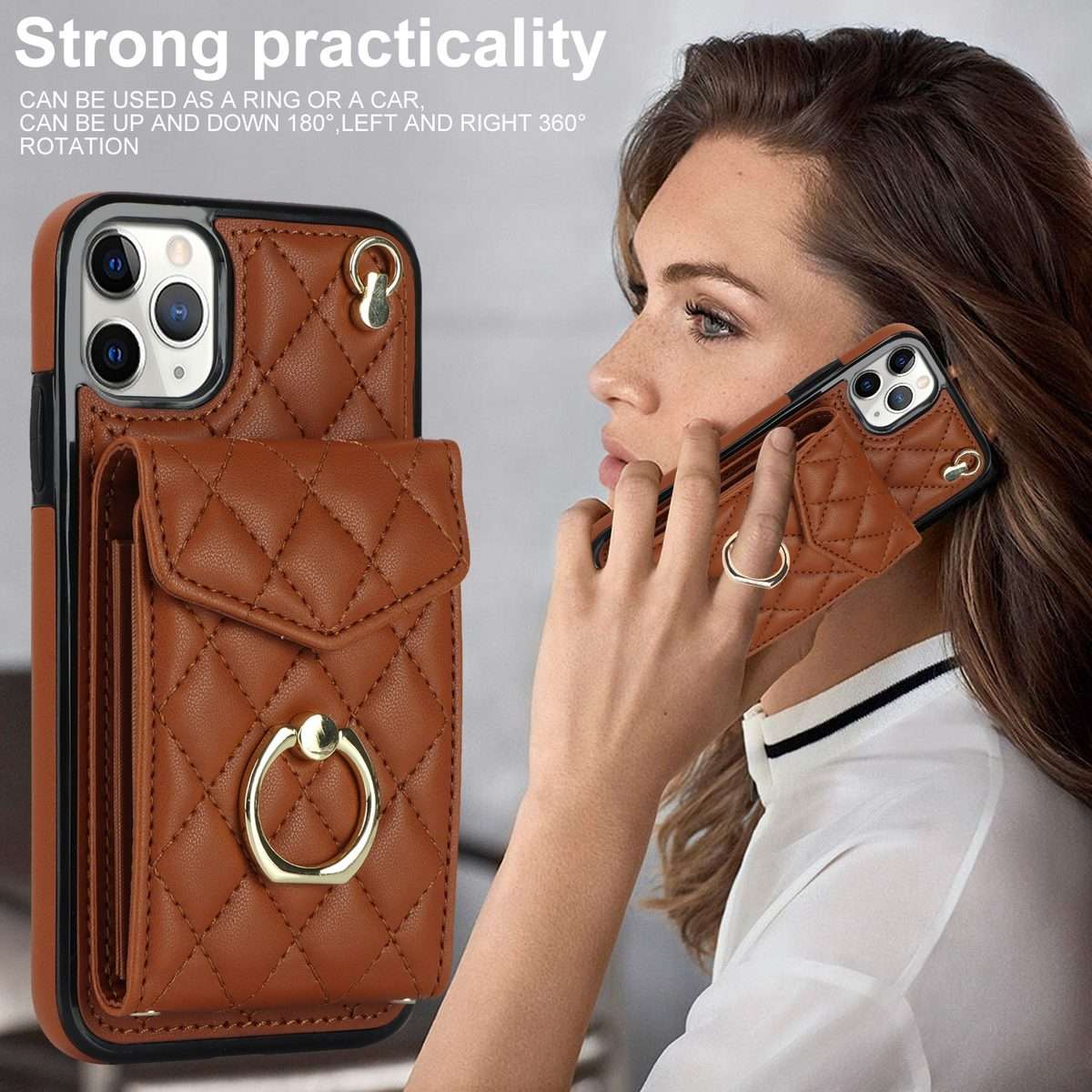 For iPhone 11 Pro Rhombic Texture Card Bag Phone Case with Long Lanyard(Brown)
