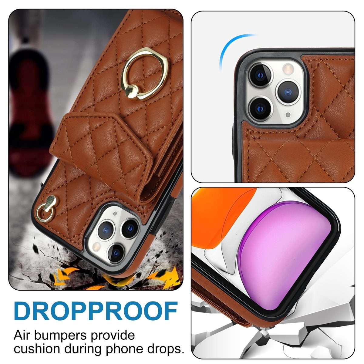 For iPhone 11 Pro Rhombic Texture Card Bag Phone Case with Long Lanyard(Brown)
