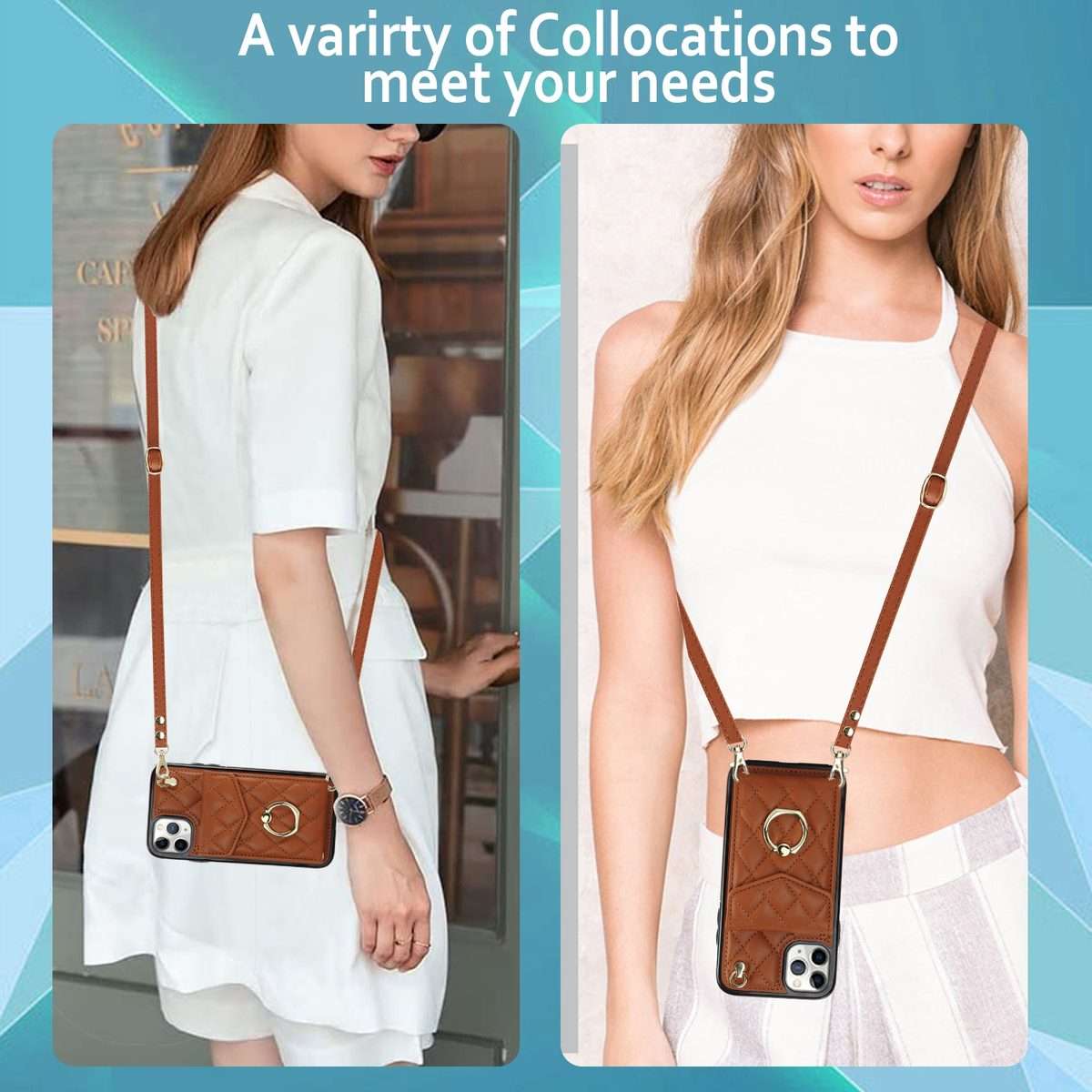 For iPhone 11 Pro Rhombic Texture Card Bag Phone Case with Long Lanyard(Brown)