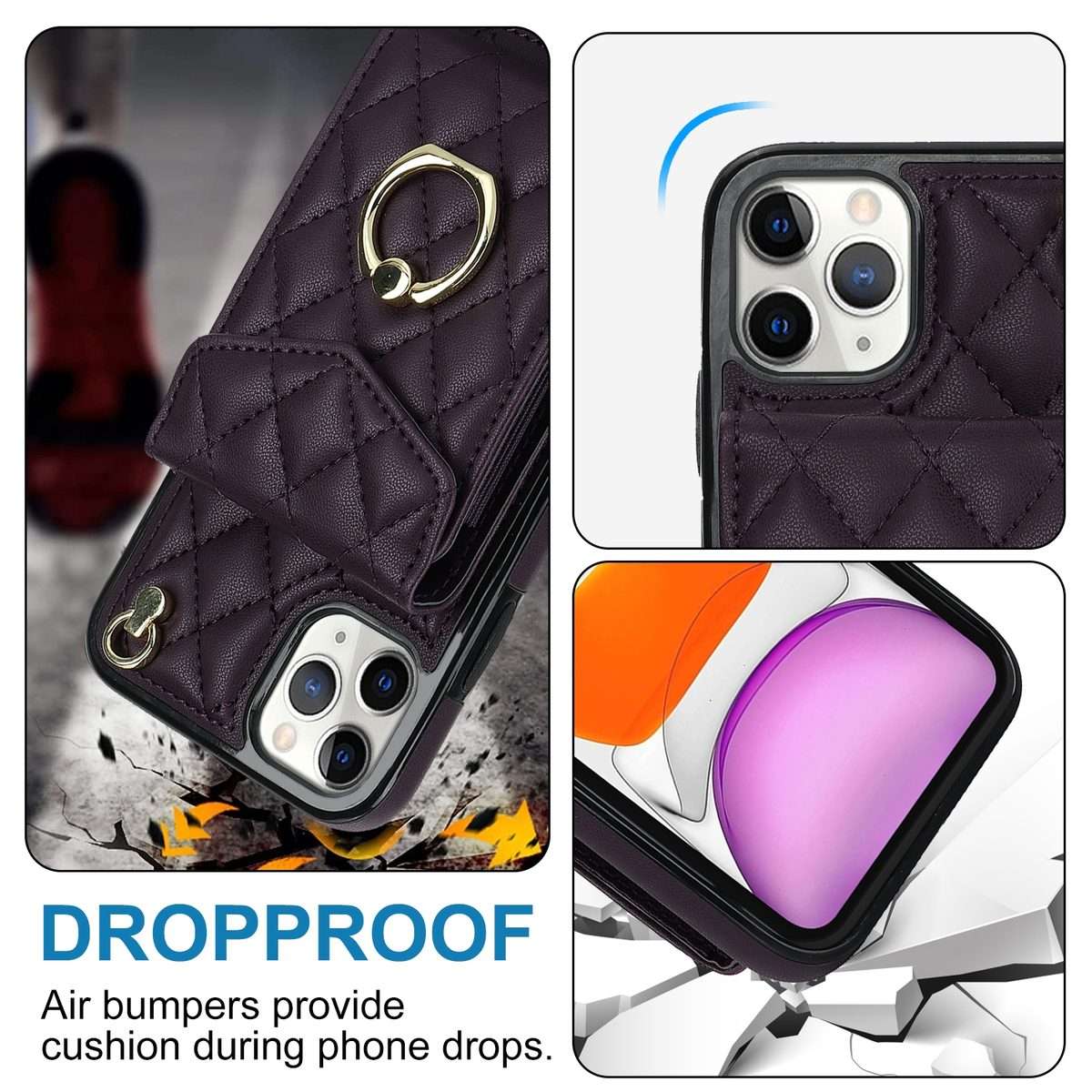 For iPhone 11 Pro Rhombic Texture Card Bag Phone Case with Long Lanyard(Dark Purple)