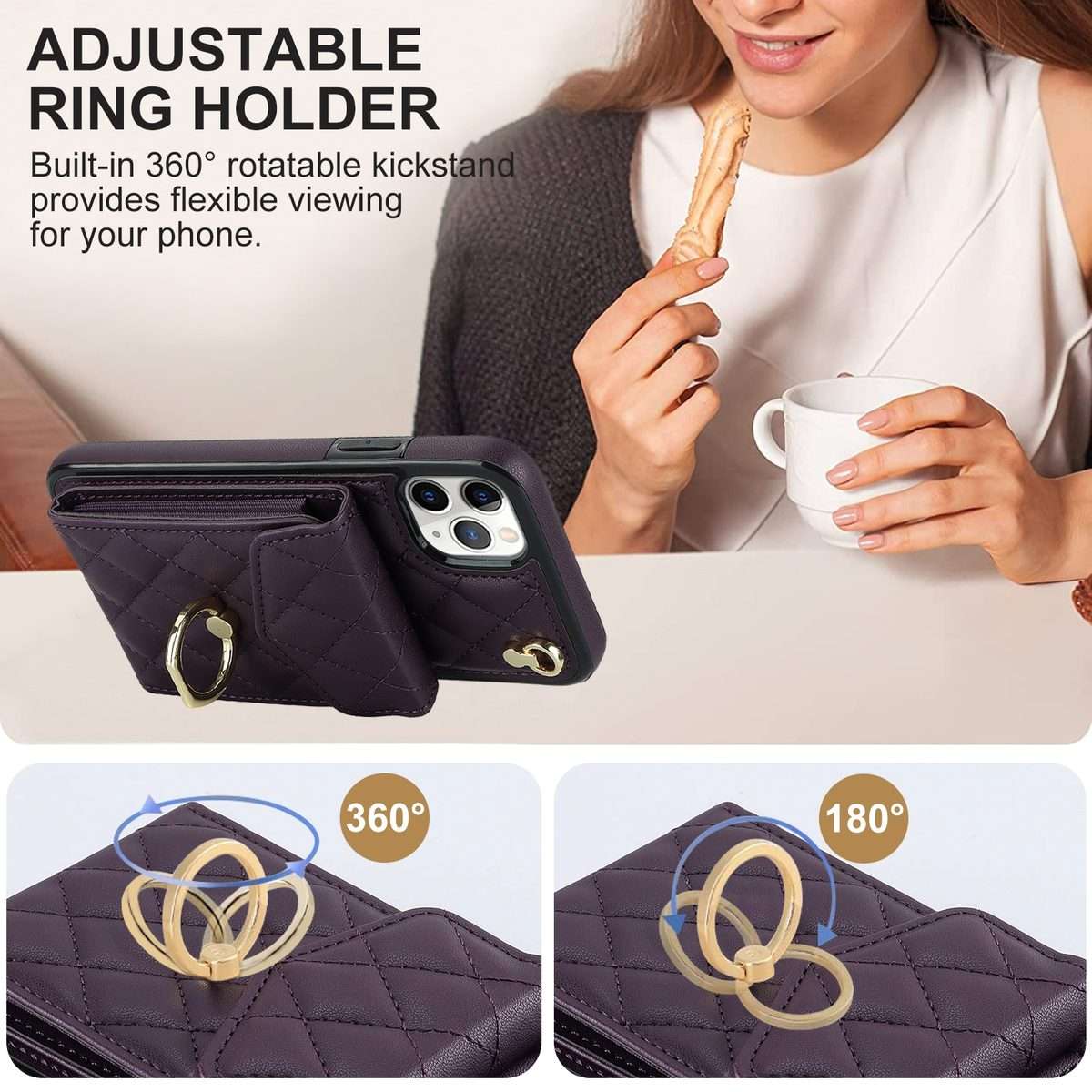 For iPhone 11 Pro Rhombic Texture Card Bag Phone Case with Long Lanyard(Dark Purple)