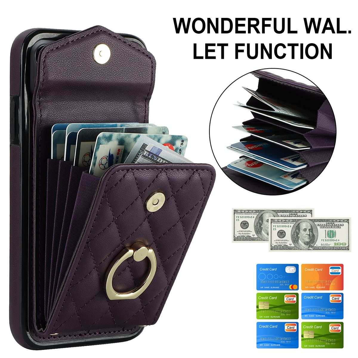 For iPhone 11 Pro Rhombic Texture Card Bag Phone Case with Long Lanyard(Dark Purple)