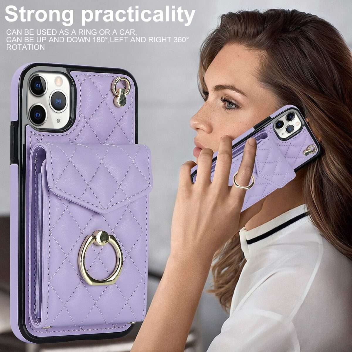 For iPhone 11 Pro Rhombic Texture Card Bag Phone Case with Long Lanyard(Light Purple)