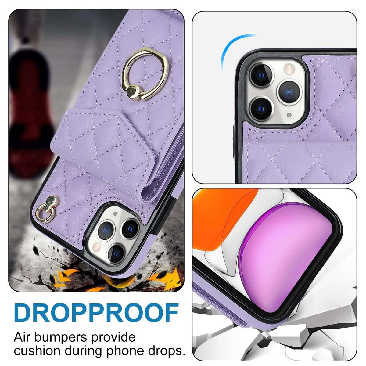 For iPhone 11 Pro Rhombic Texture Card Bag Phone Case with Long Lanyard(Light Purple)