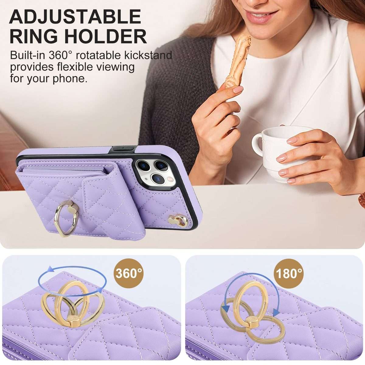 For iPhone 11 Pro Rhombic Texture Card Bag Phone Case with Long Lanyard(Light Purple)