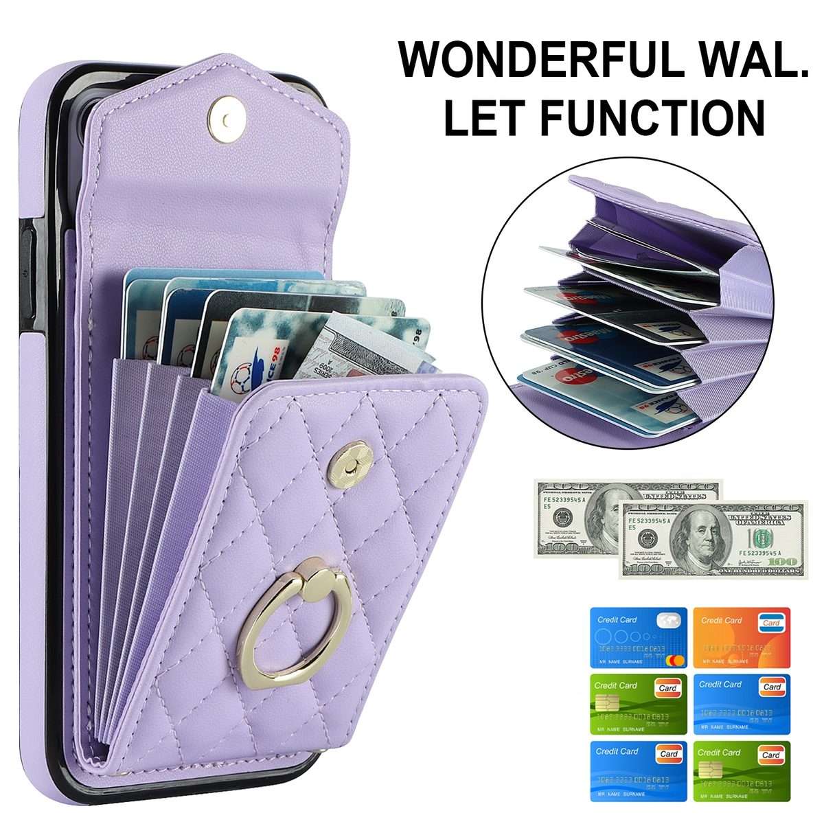 For iPhone 11 Pro Rhombic Texture Card Bag Phone Case with Long Lanyard(Light Purple)