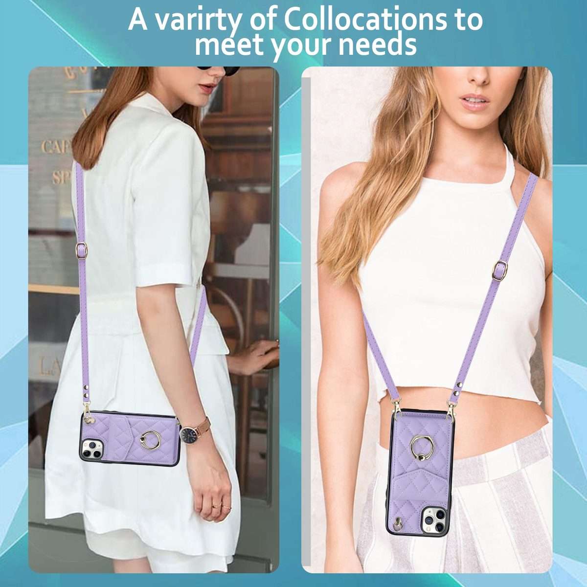 For iPhone 11 Pro Rhombic Texture Card Bag Phone Case with Long Lanyard(Light Purple)