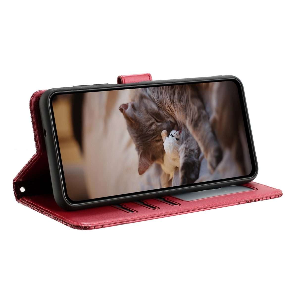 For iPhone 12 Pro Max Cat Embossing Pattern Leather Phone Case with Lanyard(Red)