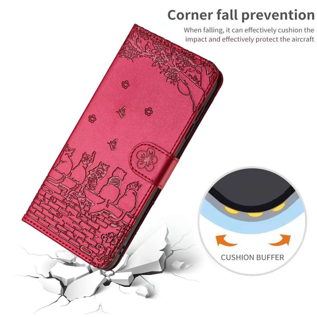 For iPhone 12 Pro Max Cat Embossing Pattern Leather Phone Case with Lanyard(Red)