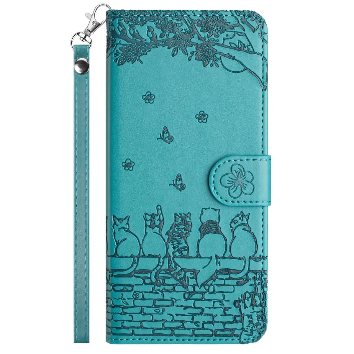 For iPhone 12 Pro Max Cat Embossing Pattern Leather Phone Case with Lanyard(Blue)
