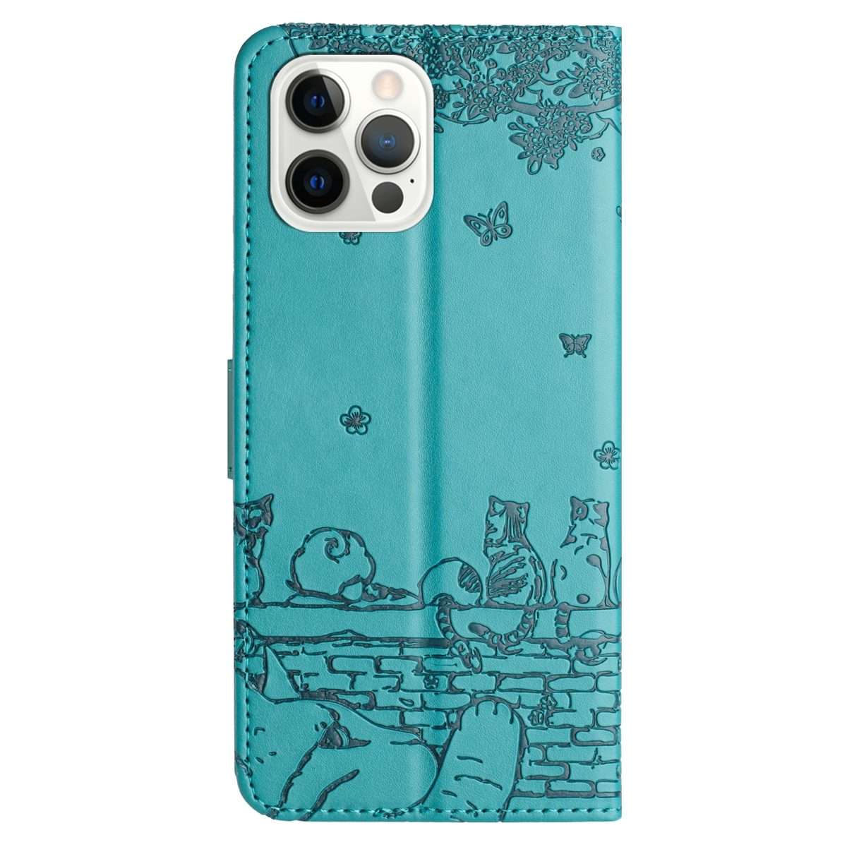 For iPhone 12 Pro Max Cat Embossing Pattern Leather Phone Case with Lanyard(Blue)