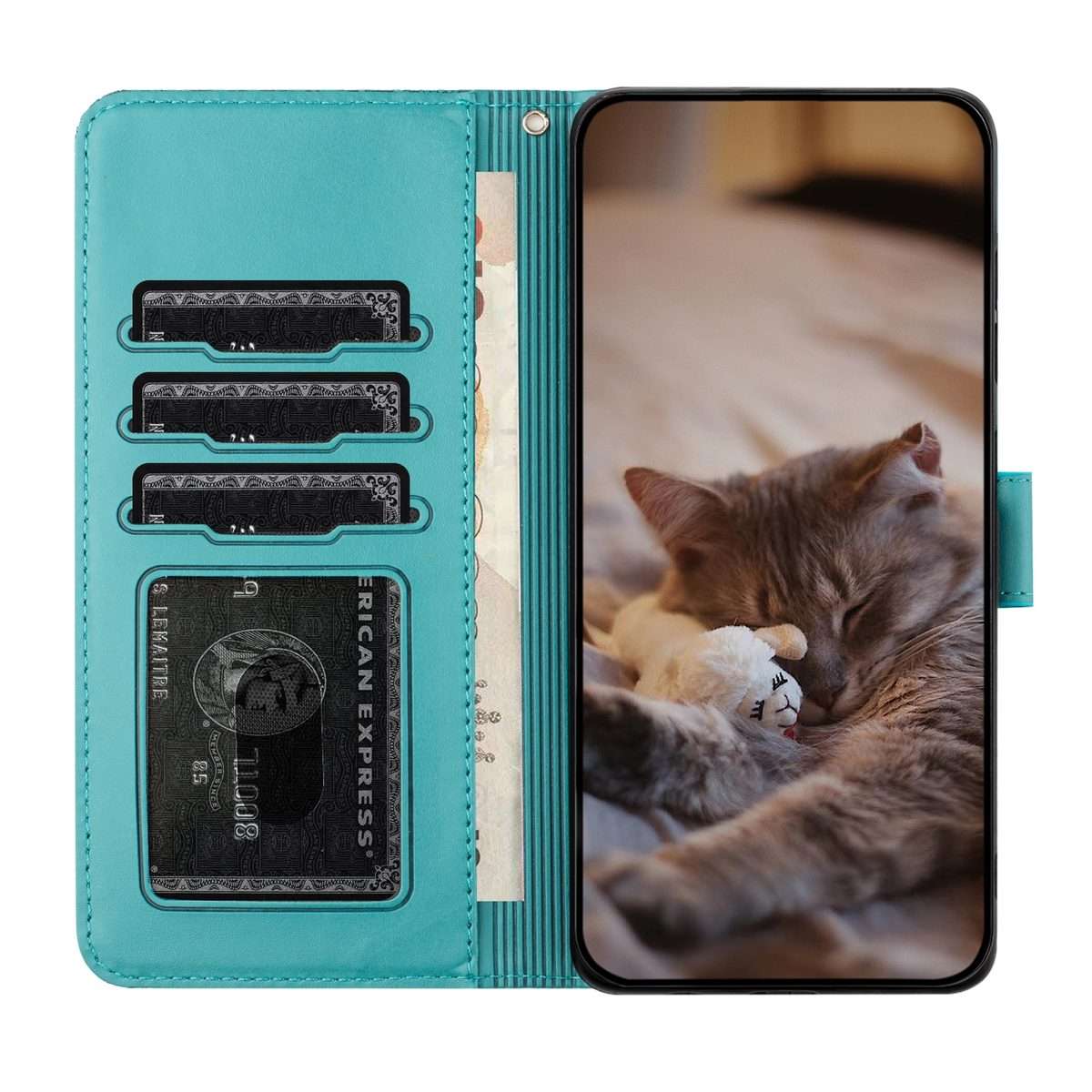 For iPhone 12 Pro Max Cat Embossing Pattern Leather Phone Case with Lanyard(Blue)