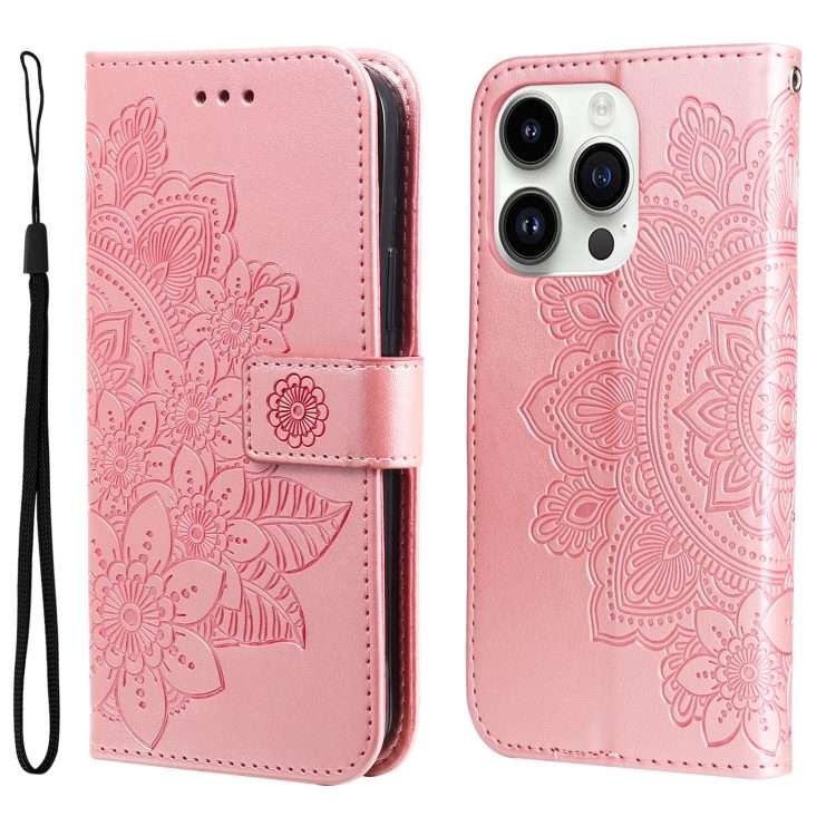 For iPhone 15 Pro Max Seven-petal Flowers Embossing Leather Phone Case(Rose Gold)