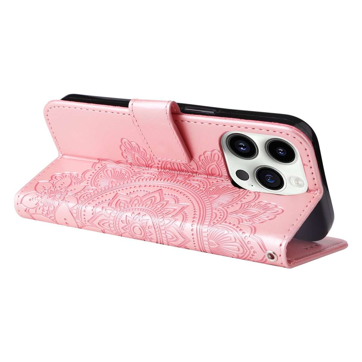 For iPhone 15 Pro Max Seven-petal Flowers Embossing Leather Phone Case(Rose Gold)