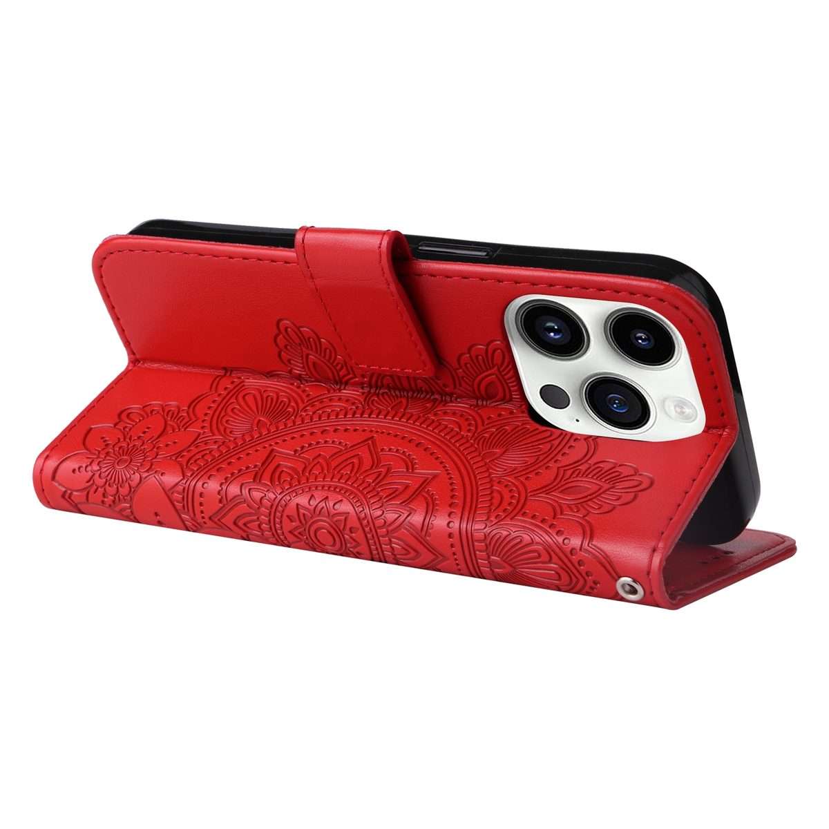 For iPhone 15 Pro Max Seven-petal Flowers Embossing Leather Phone Case(Red)