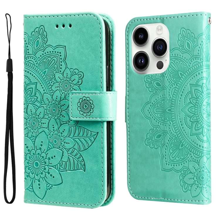 For iPhone 15 Pro Max Seven-petal Flowers Embossing Leather Phone Case(Green)