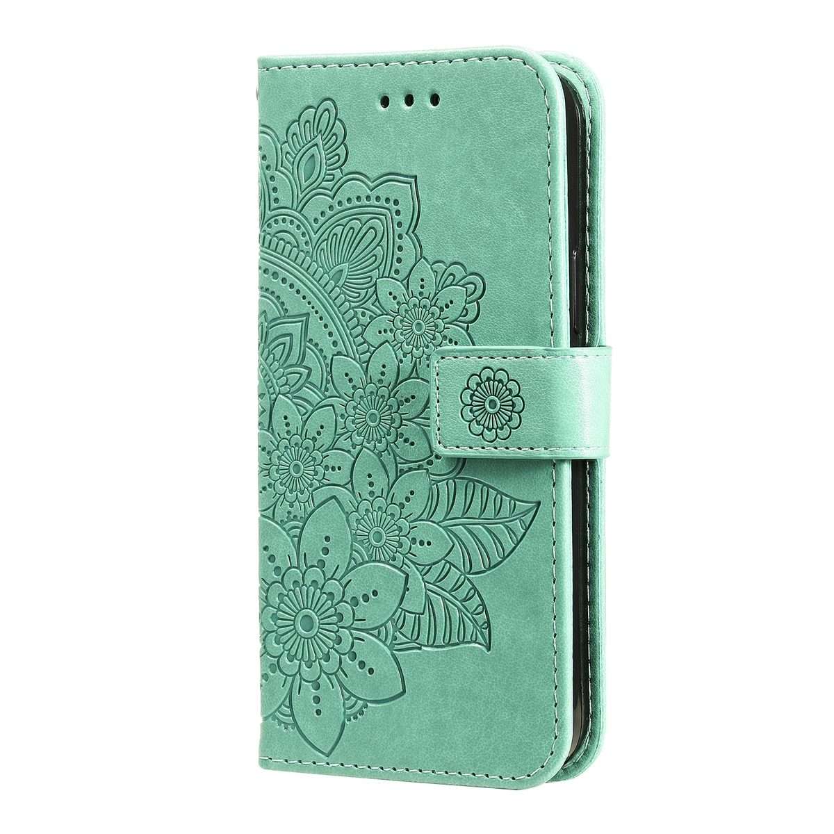 For iPhone 15 Pro Max Seven-petal Flowers Embossing Leather Phone Case(Green)