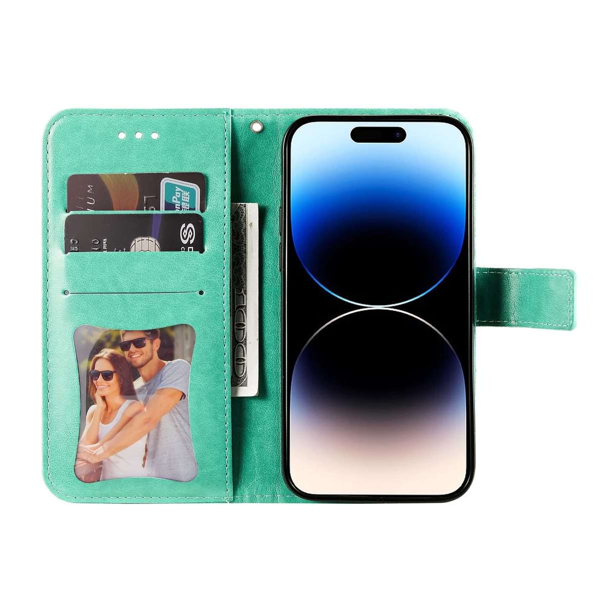 For iPhone 15 Pro Max Seven-petal Flowers Embossing Leather Phone Case(Green)