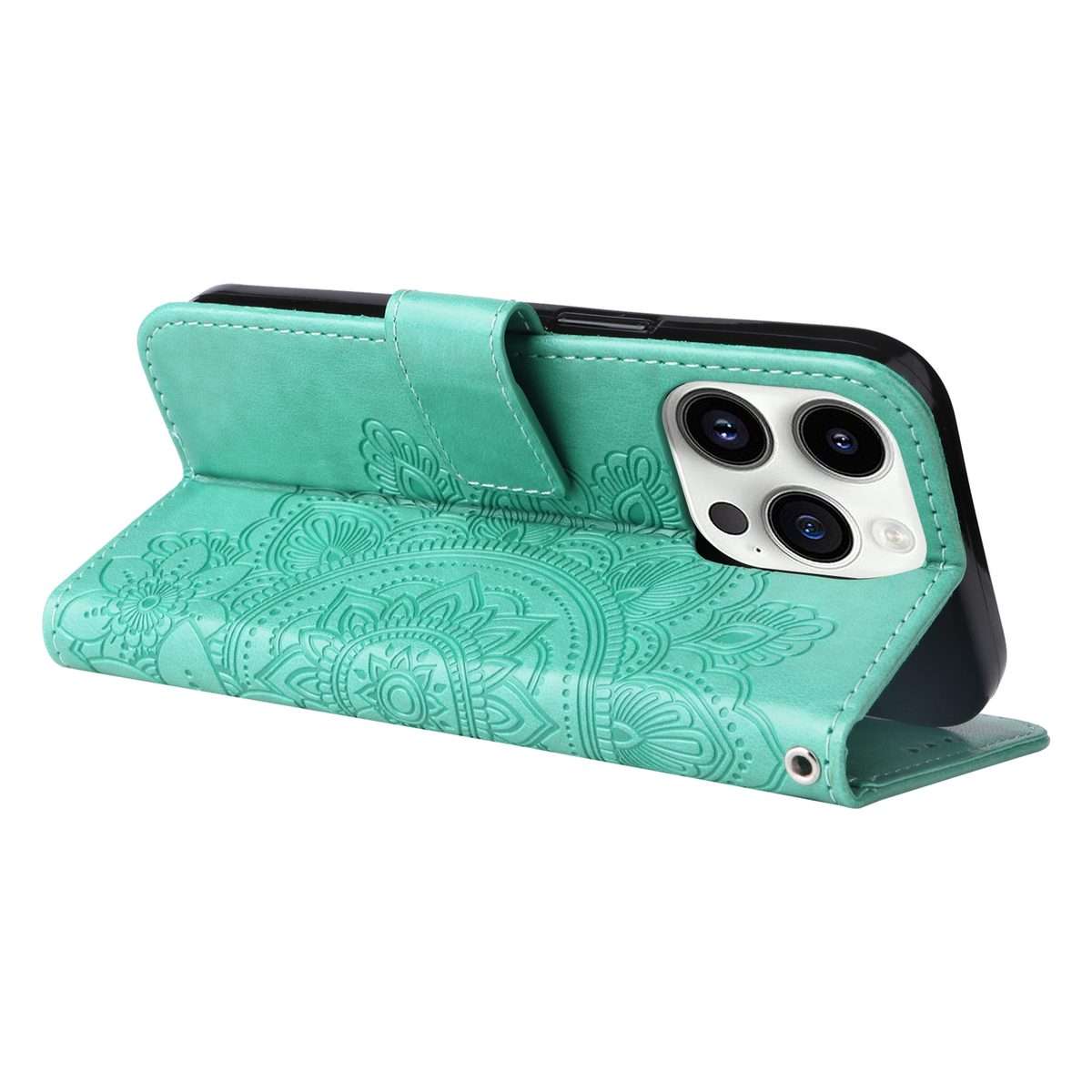 For iPhone 15 Pro Max Seven-petal Flowers Embossing Leather Phone Case(Green)